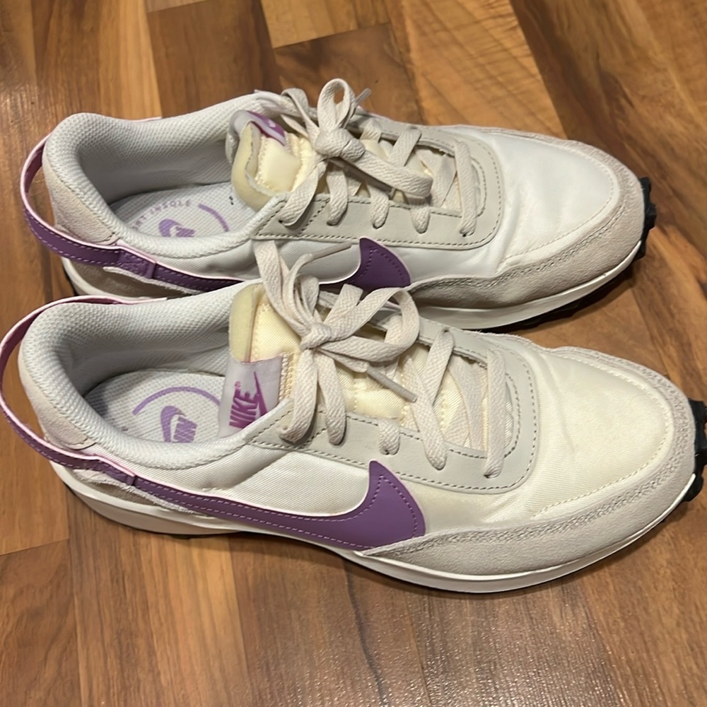 Nike Women's White Sneakers with Purple Swoosh